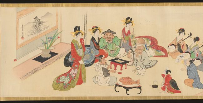 鳥文斎栄之筆　 三幅神吉原通い図巻 【全盛季春遊戯】